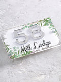 House sign with leaf print and 3D mirror numbers 20x14cm, imported from the UK