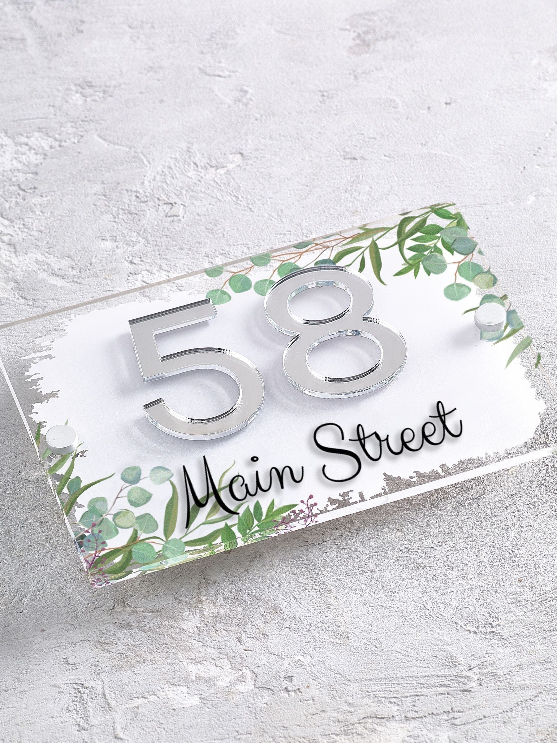 House sign with leaf print and 3D mirror numbers 20x14cm, imported from the UK
