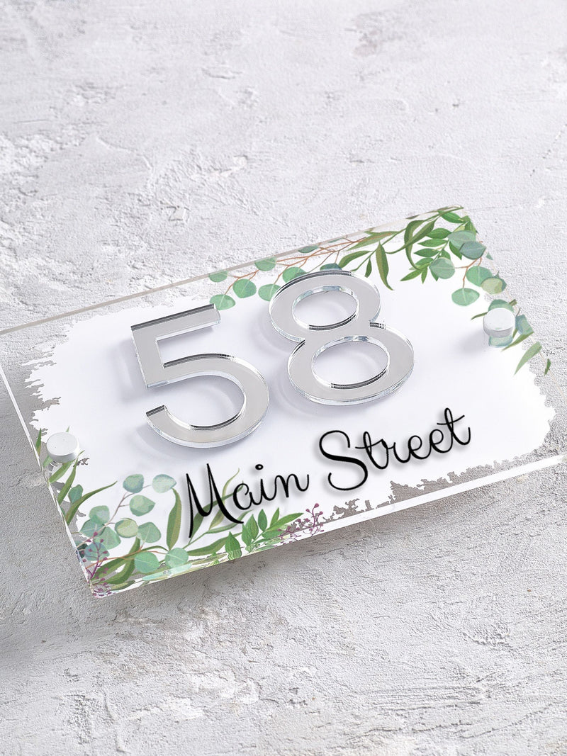 House sign with leaf print and 3D mirror numbers 20x14cm, imported from the UK