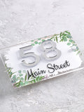 House sign with leaf print and 3D mirror numbers 20x14cm, imported from the UK