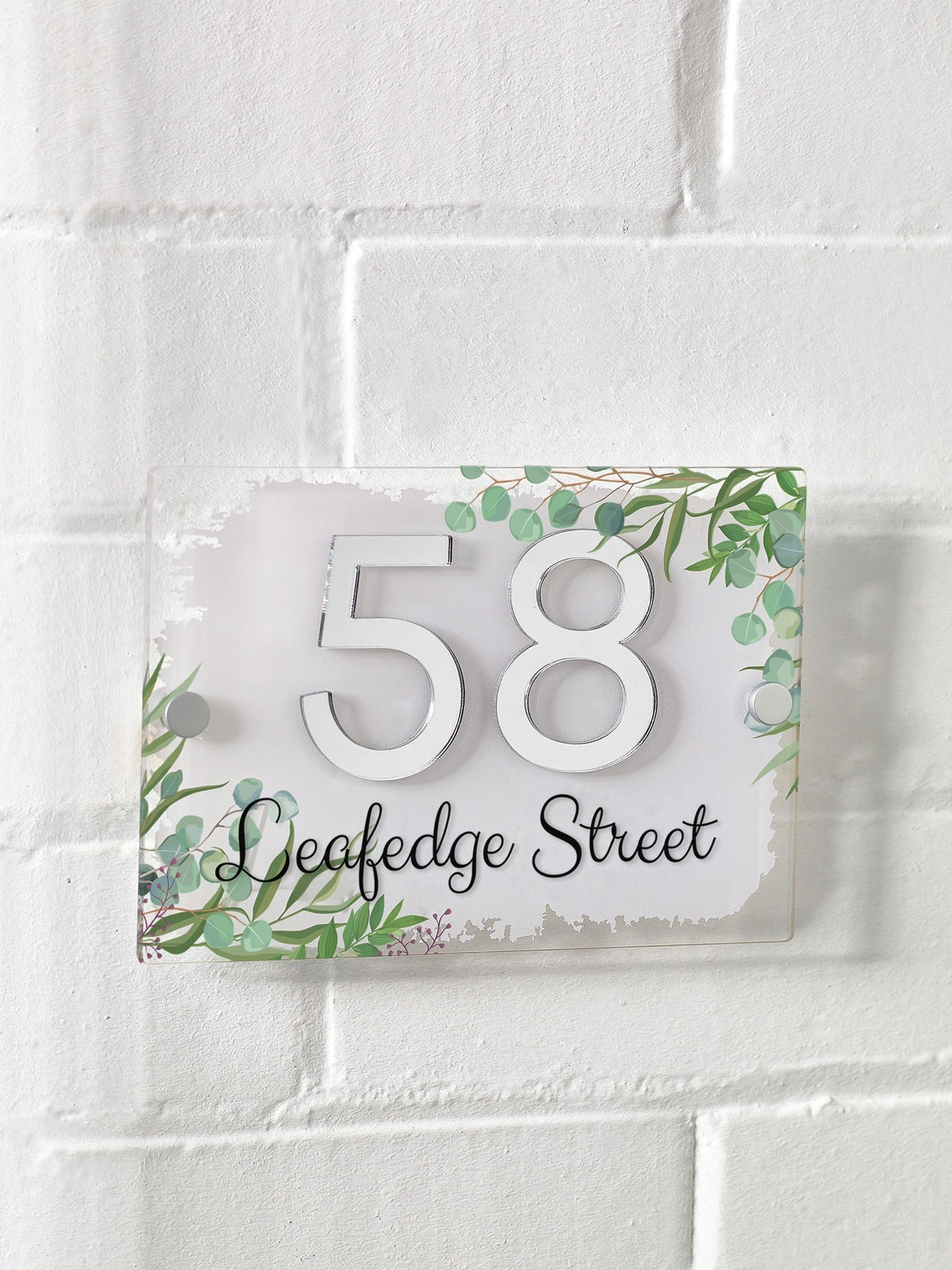 House sign with leaf print and 3D mirror numbers 20x14cm, imported from the UK