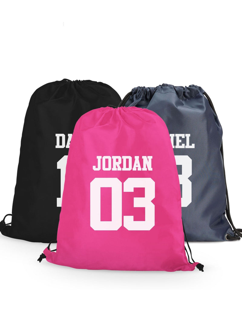 Personalised surname number drawstring bag 11L, imported from the UK
