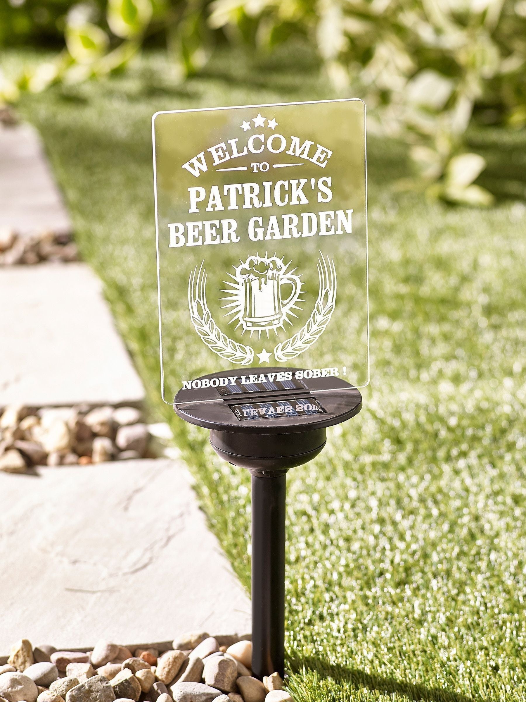 Loveabode personalised beer garden stake sign (British brand)
