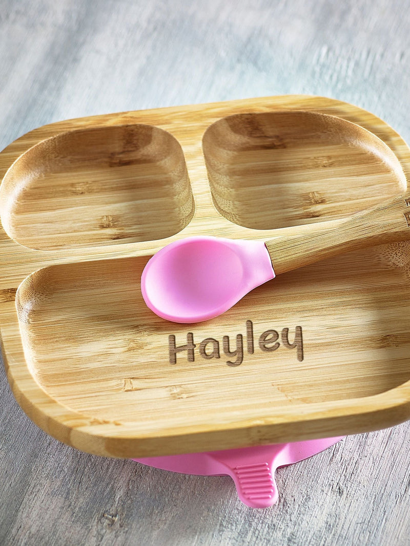 Loveabode personalised baby suction plate with spoon and fork, imported from the UK