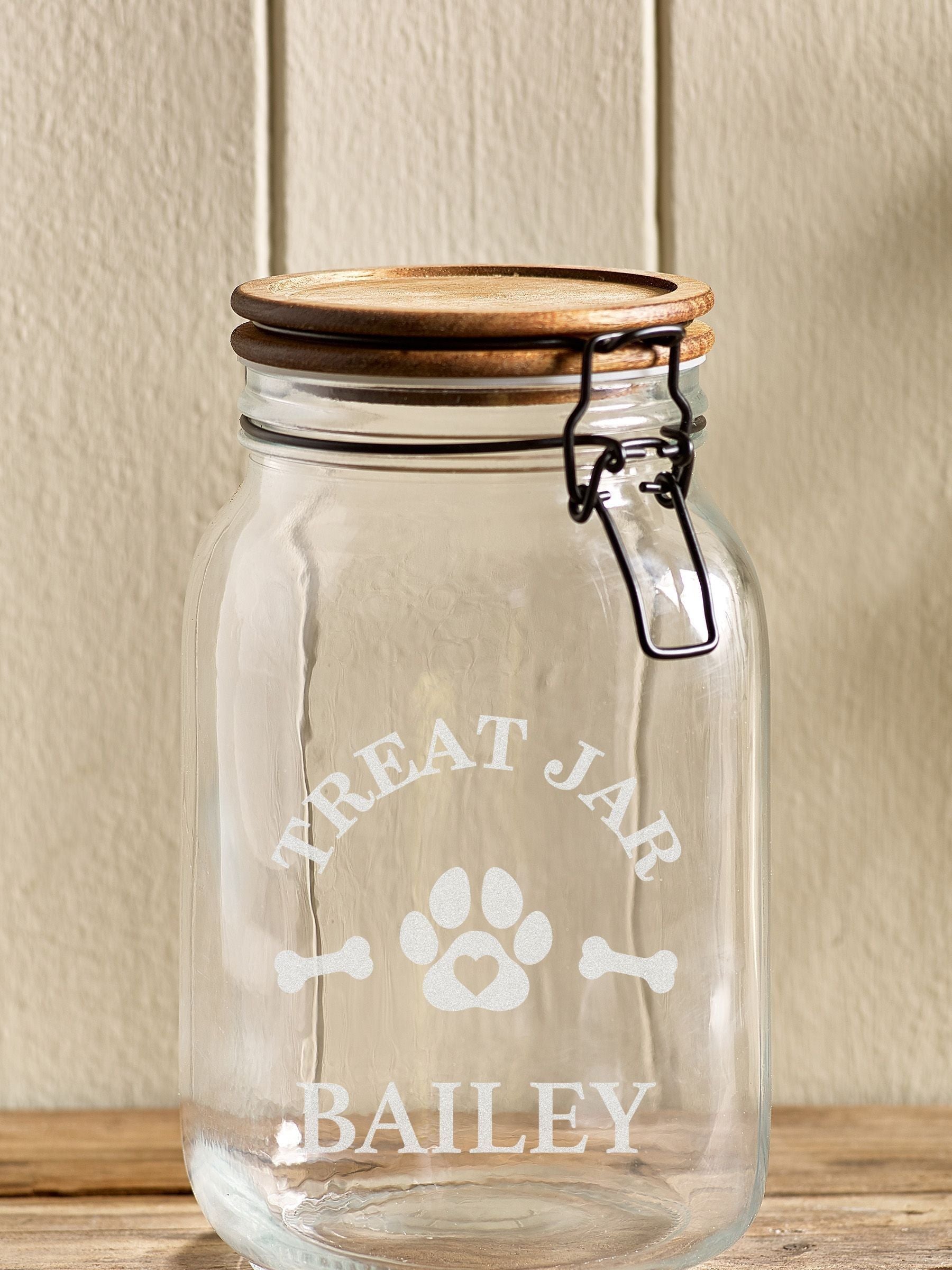 Personalised dog treat jar with acacia wood lid 11.5x19cm (British brand)