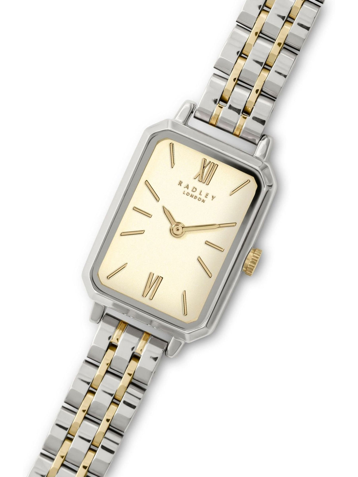 Ladies Two Tone Rectangle Bracelet Watch with Silver Case and Champagne Dial