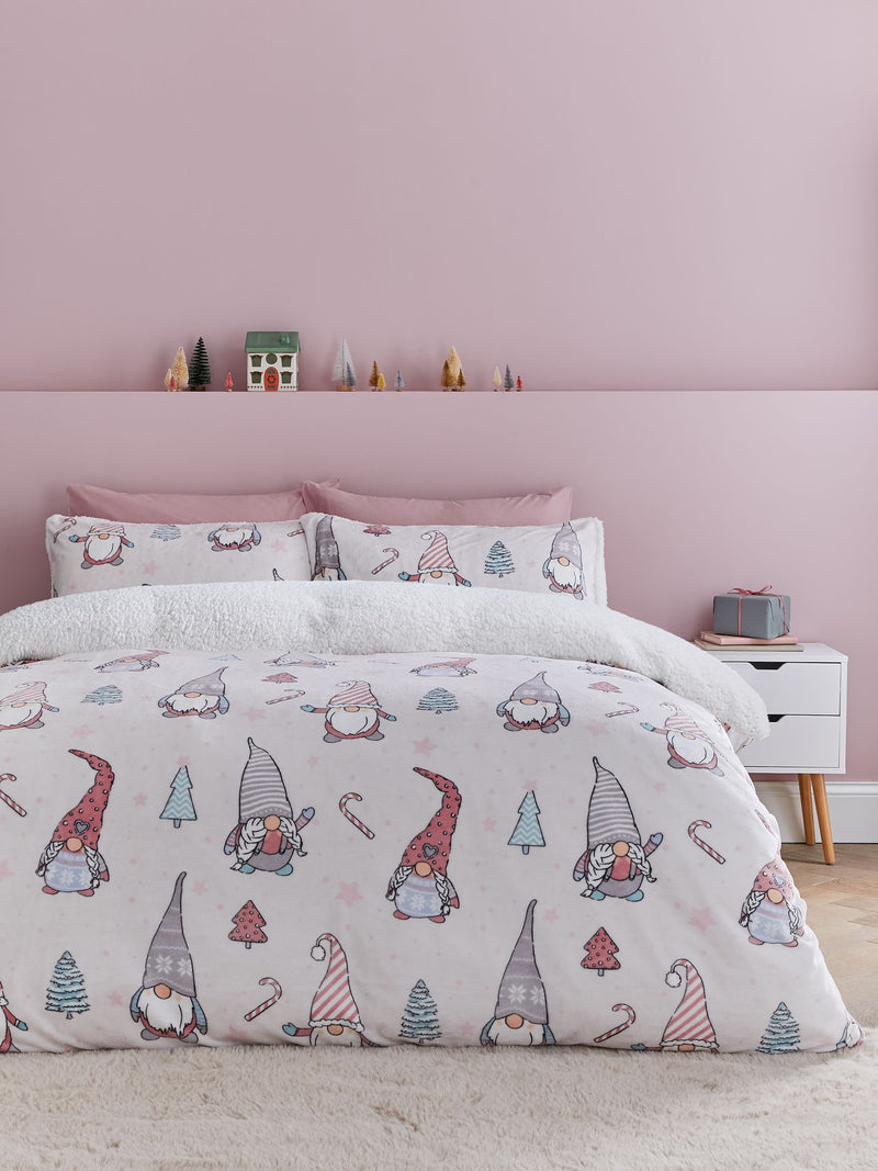 Catherine Lansfield Blush Pink Christmas Festive Gonk Cosy Fleece Duvet Cover Set - British product