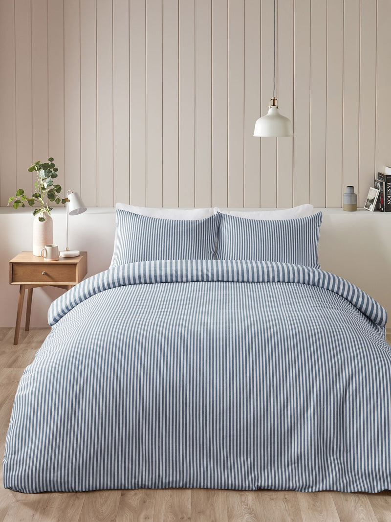 Catherine Lansfield Chambray blue reversible stripe duvet cover set - British product
