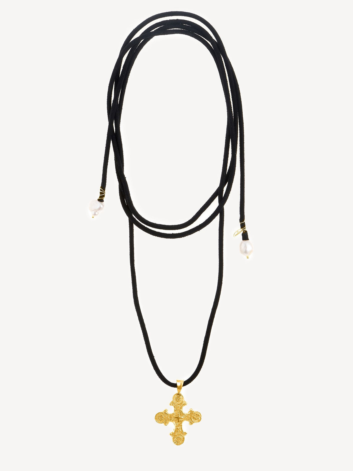 Gold Plated Cross Charm Necklace with Zirconia Stars and Suede Cord