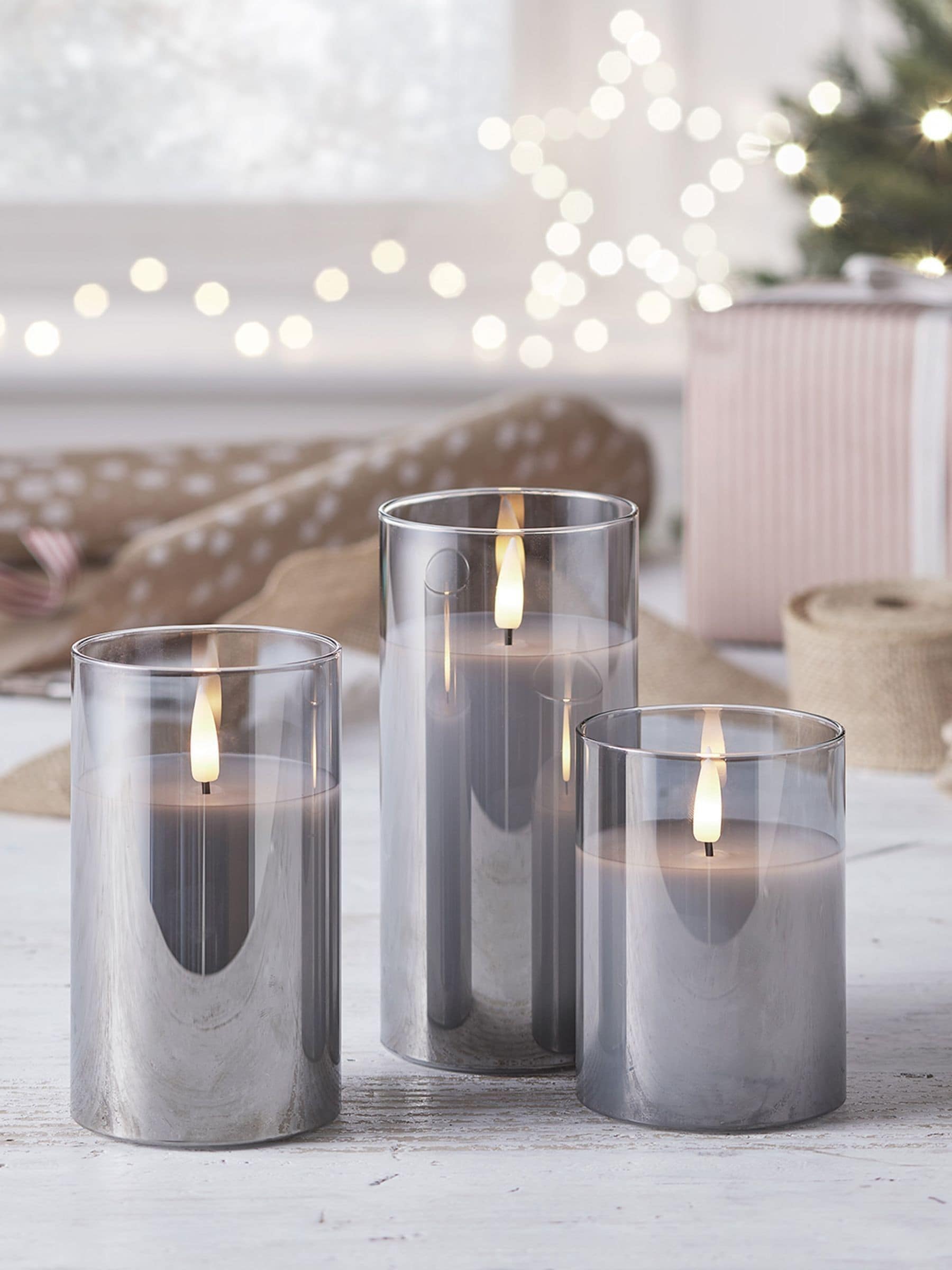 Lights4fun smoked grey LED glass candle trio, UK version
