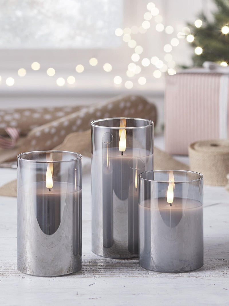 Lights4fun smoked grey LED glass candle trio, UK version