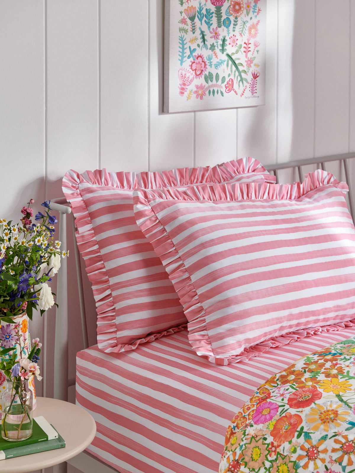 Lucy Tiffney pink stripe ruffle pillowcases set of 2, imported from the UK