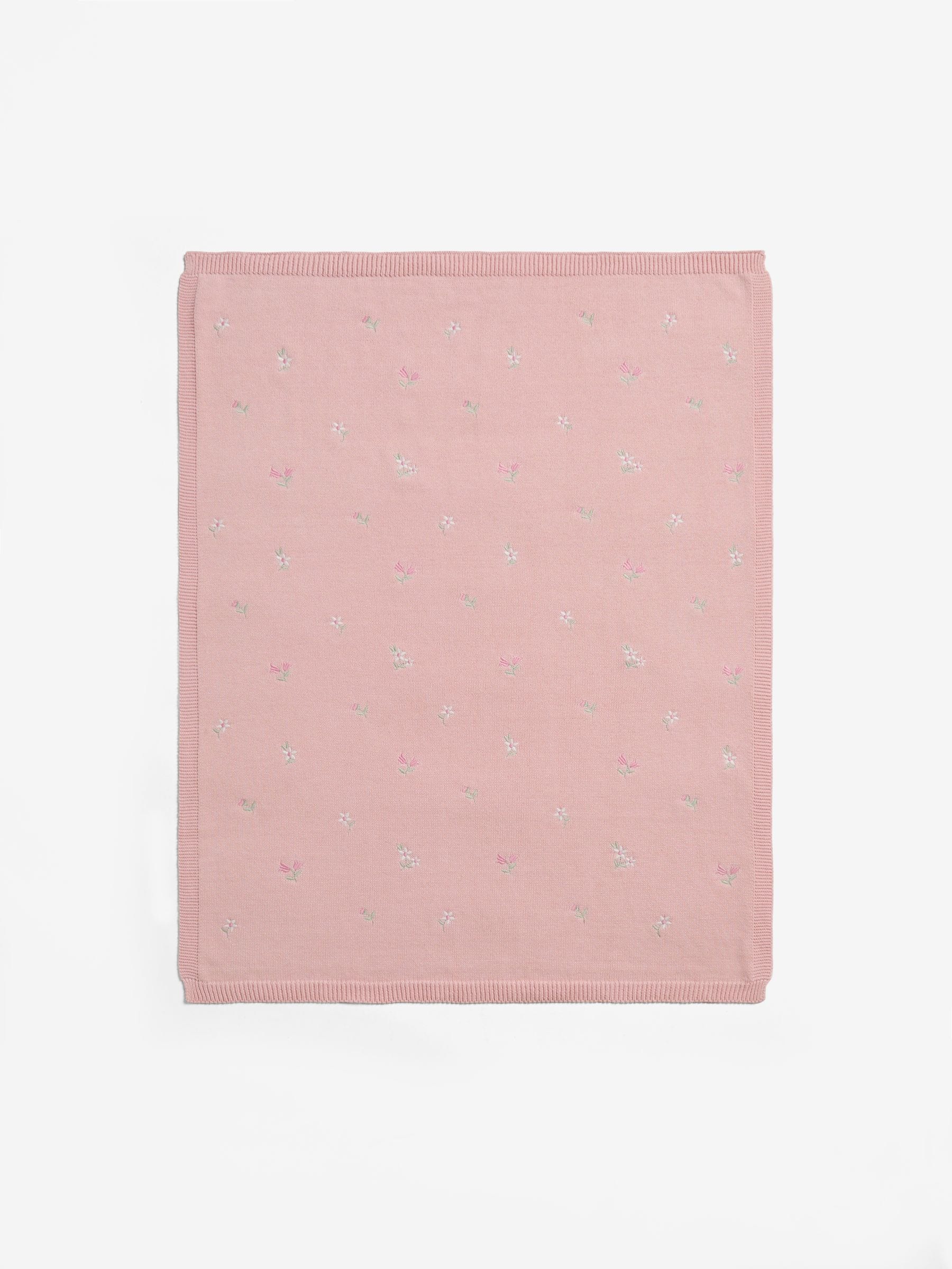 Jojo Maman Bébé pink embroidered flower knitted baby blanket, UK version