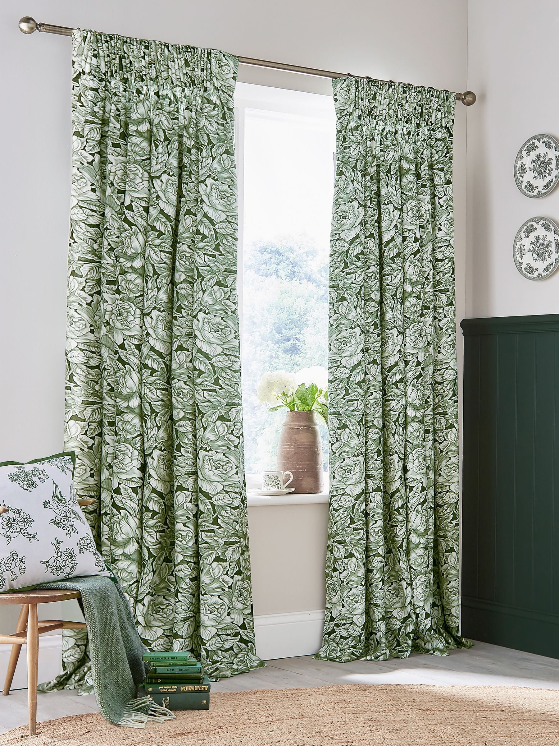 Burleigh X Bedeck green hibiscus blackout pencil pleat curtains (British brand)
