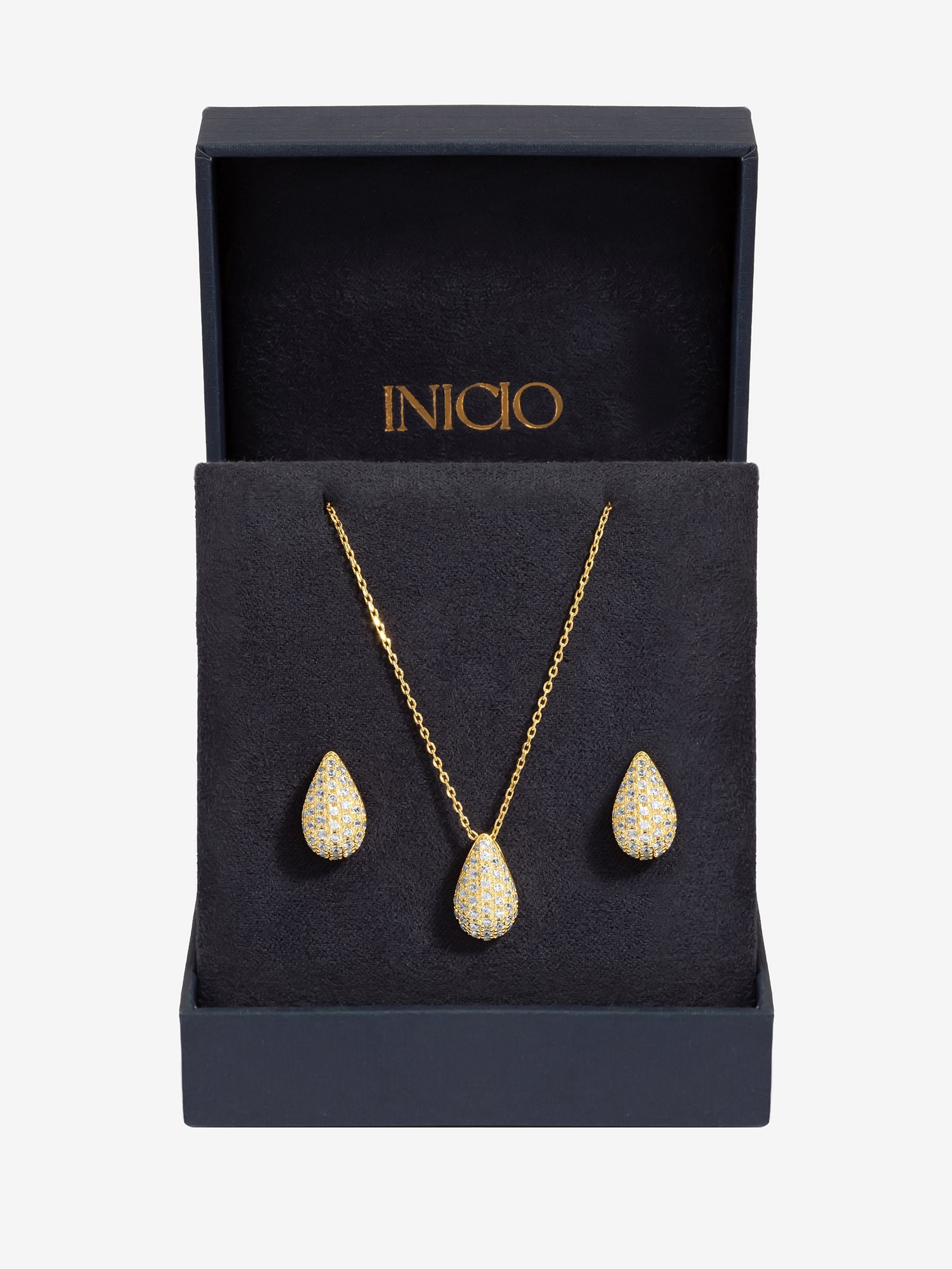 Inicio gold plated cubic zirconia teardrop jewelry set, UK version