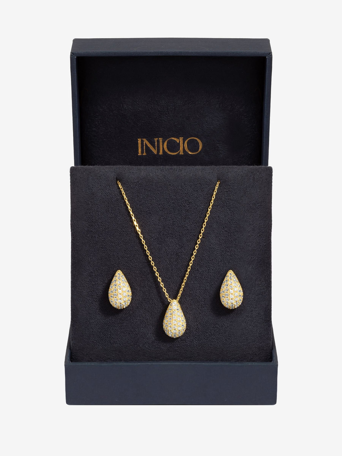 Inicio gold plated cubic zirconia teardrop jewelry set, UK version