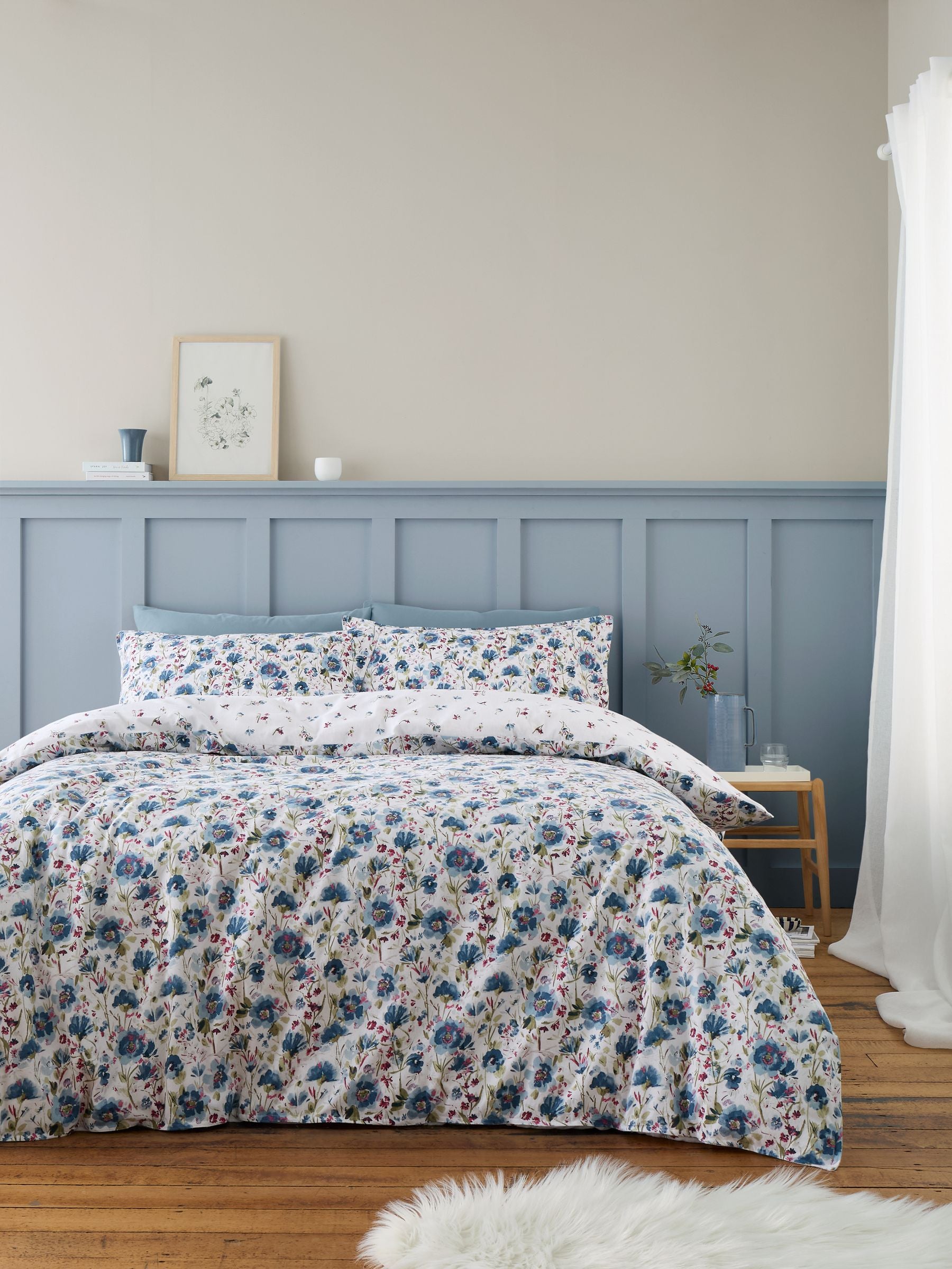 Bianca Blue Supersoft 100% Brushed Cotton Ophelia Floral Print Duvet Cover Set