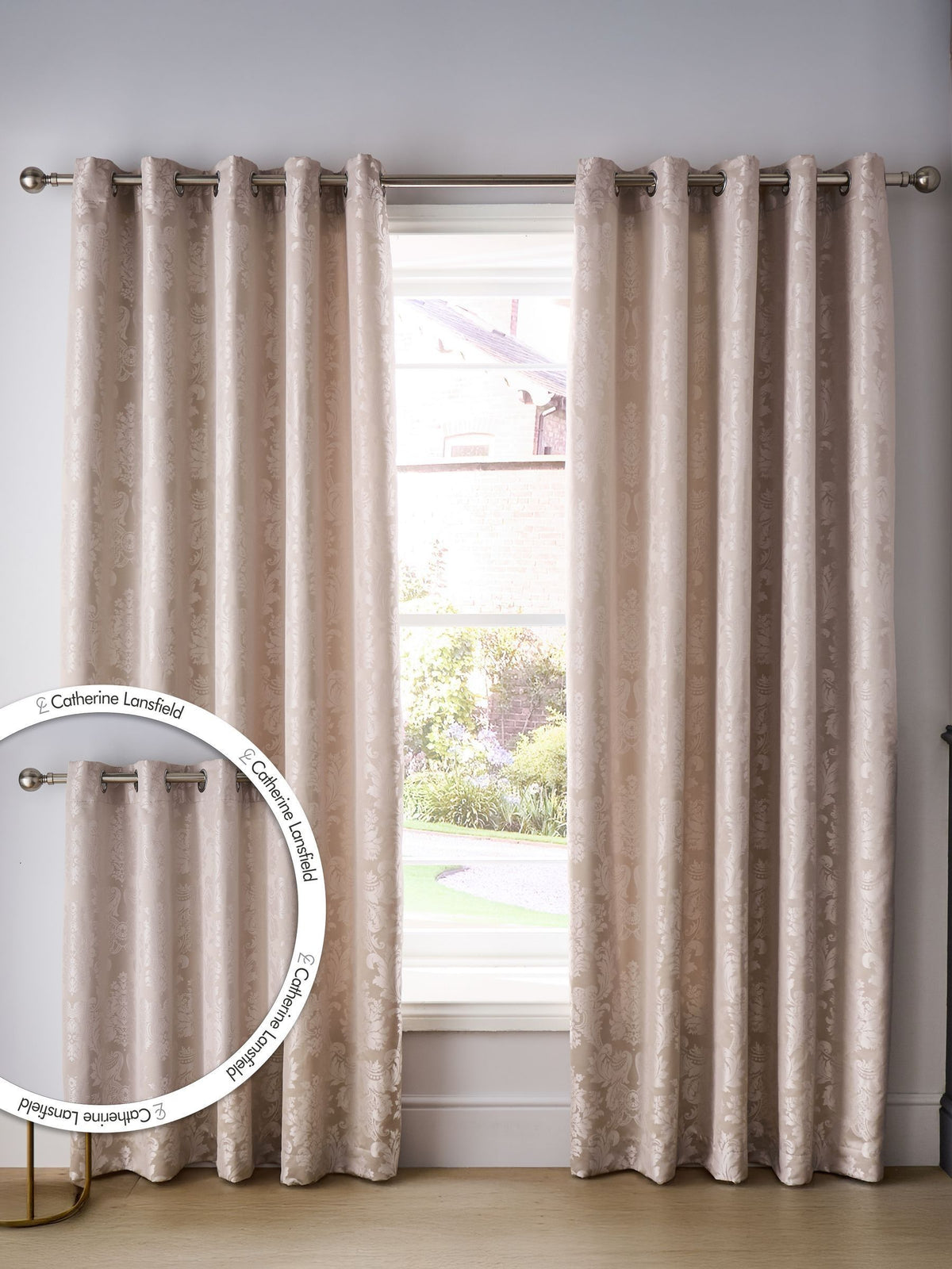 Catherine Lansfield damask jacquard lined eyelet curtains, UK version