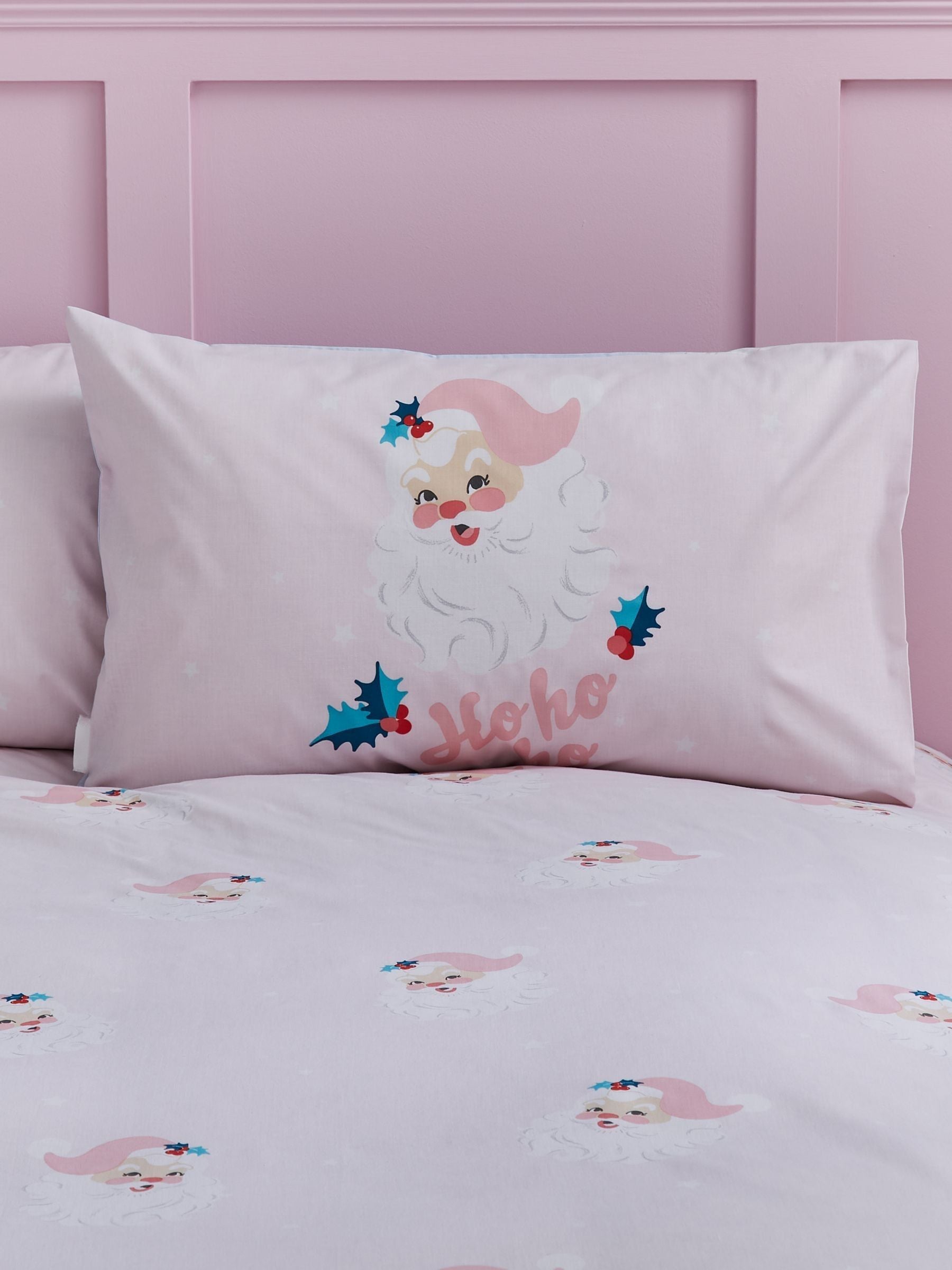 Catherine Lansfield pink vintage Christmas Santa reversible duvet cover set - British product