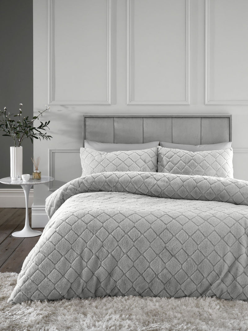 Silver Grey Fleece Duvet Cover Set with Diamond Pattern