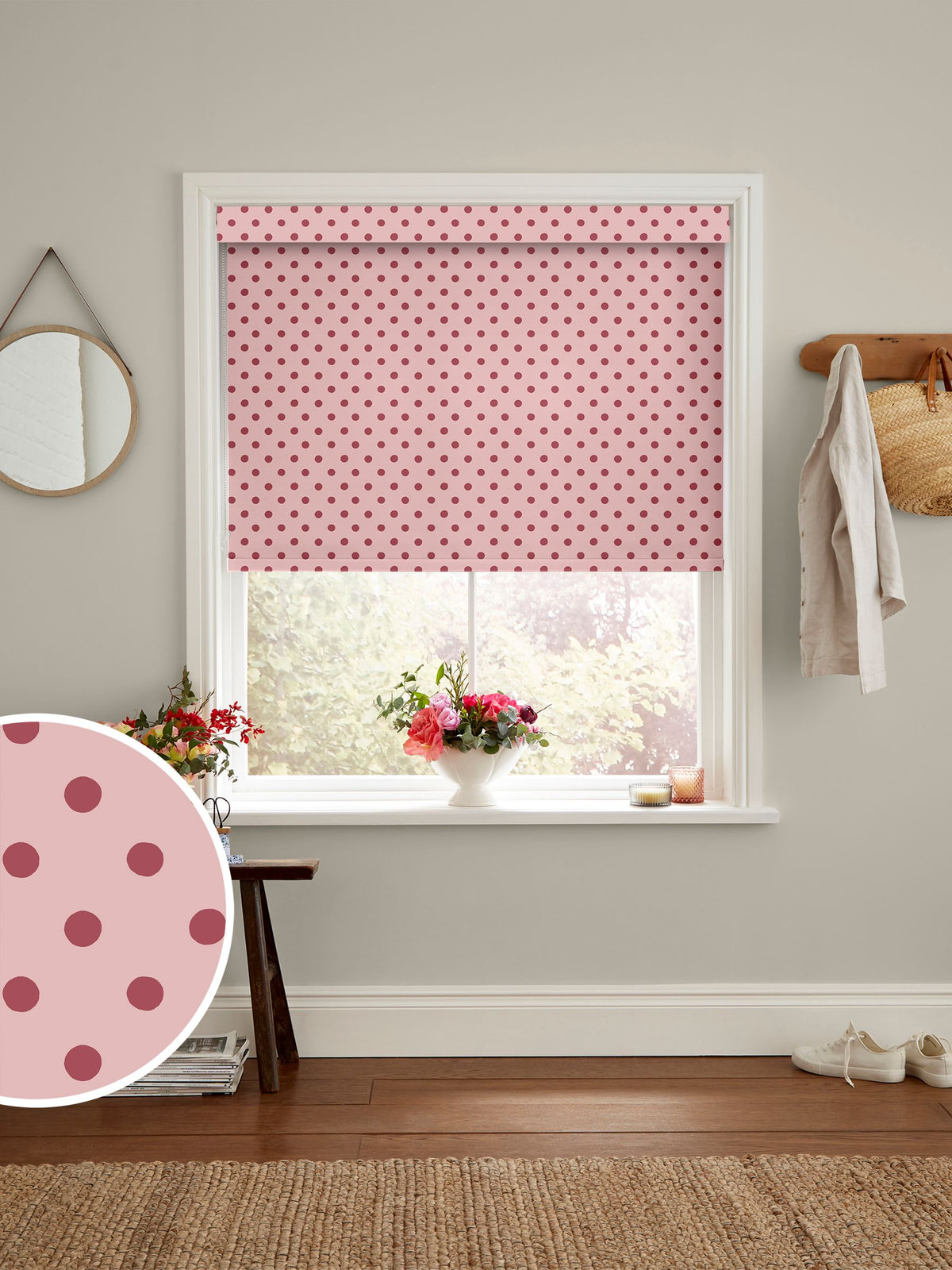 Cath Kidston pink button spot made to measure roller blind, UK version