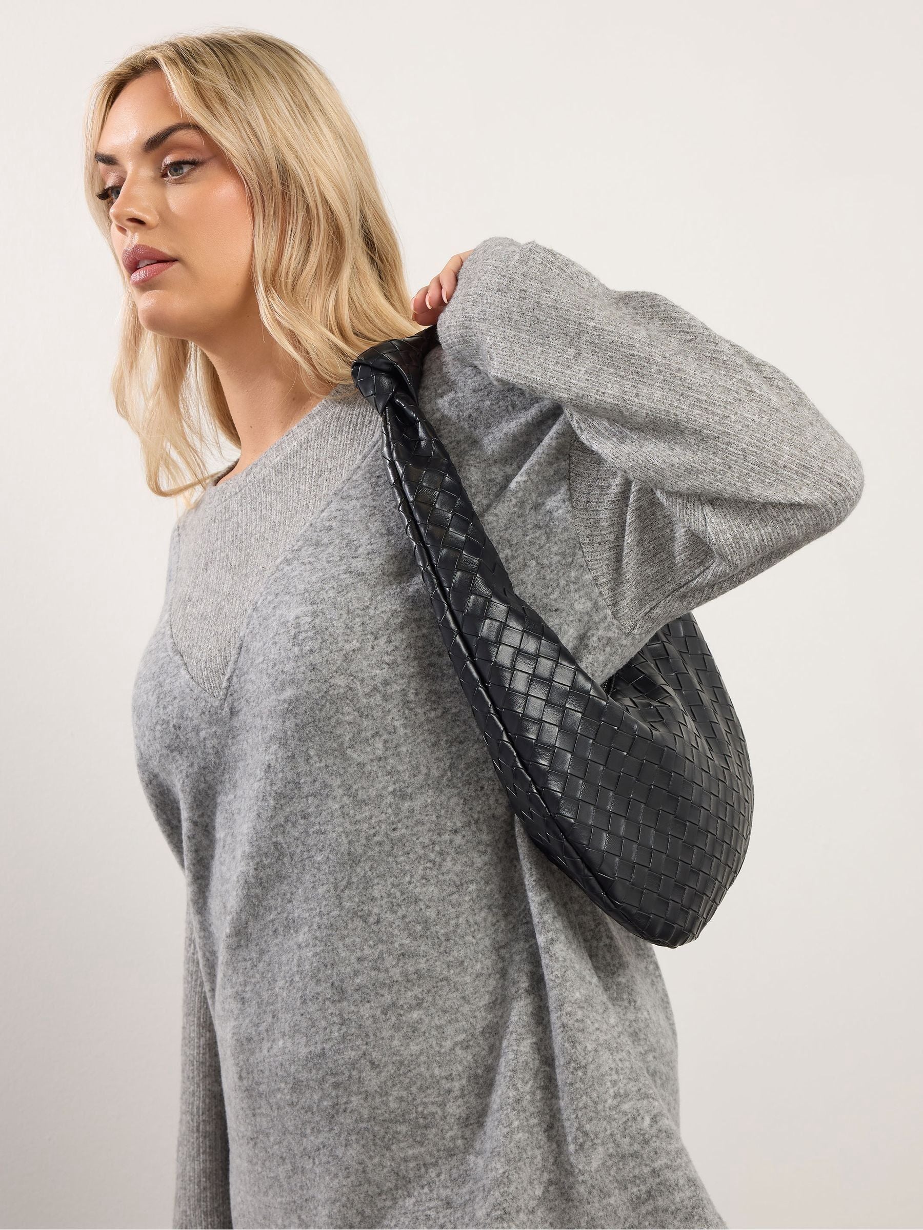 Yours Curve black woven shoulder bag with knot detail, imported from the UK