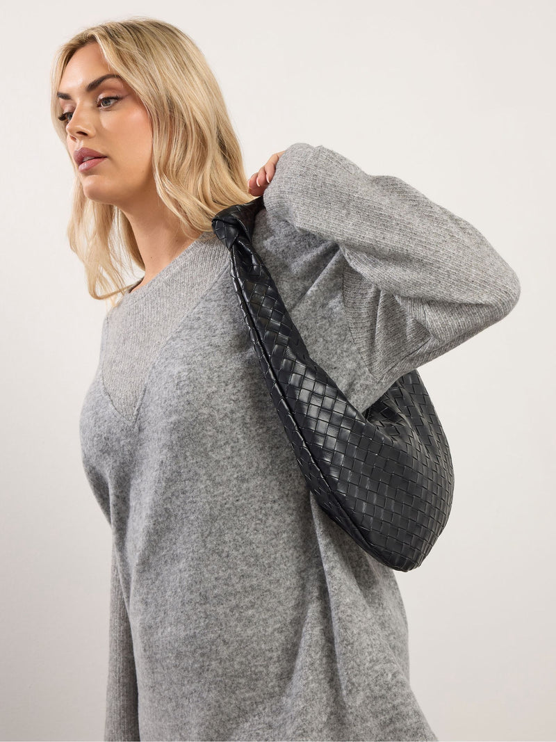Yours Curve black woven shoulder bag with knot detail, imported from the UK