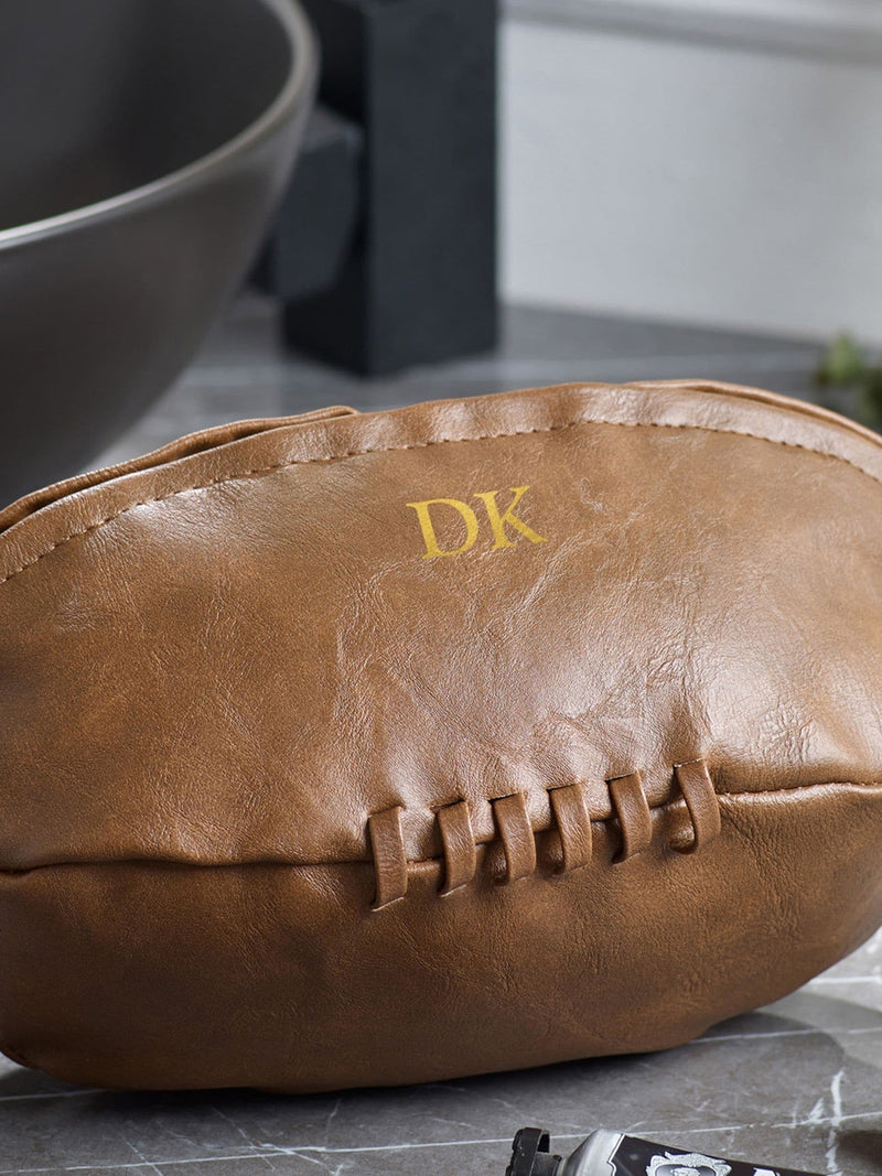 Personalised rugby-shaped washbag in vintage tan, UK version