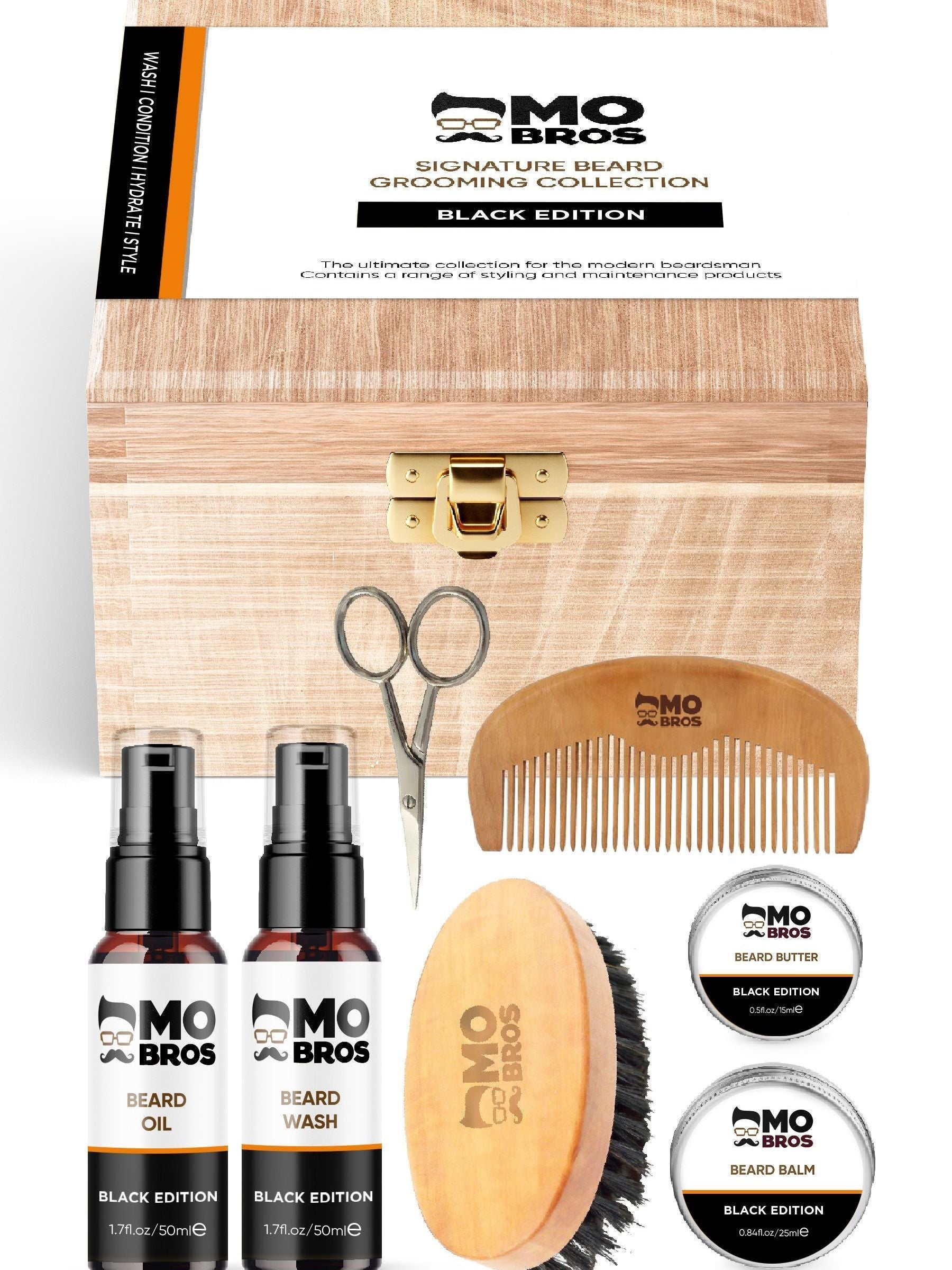 Mo Bros Wooden Signature Beard Grooming Gift Set, imported from the UK