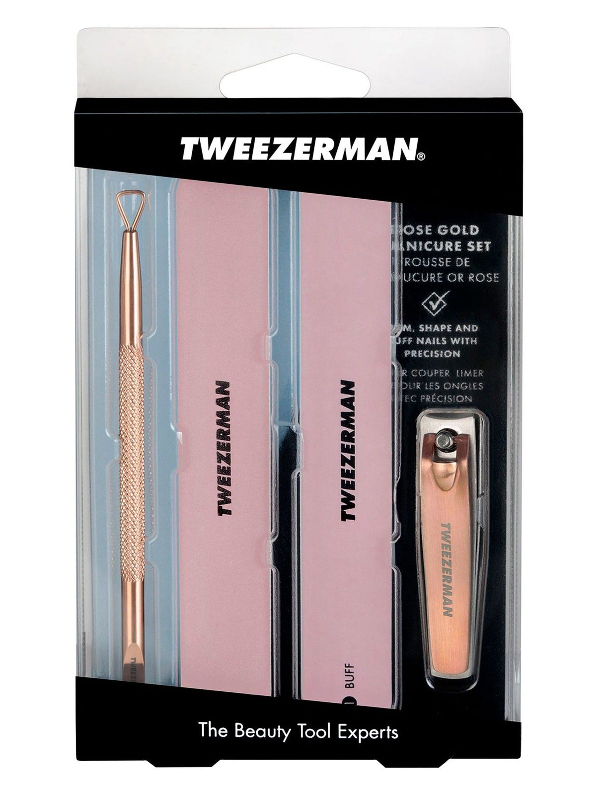 Tweezerman rose gold manicure kit with precision tools, UK version