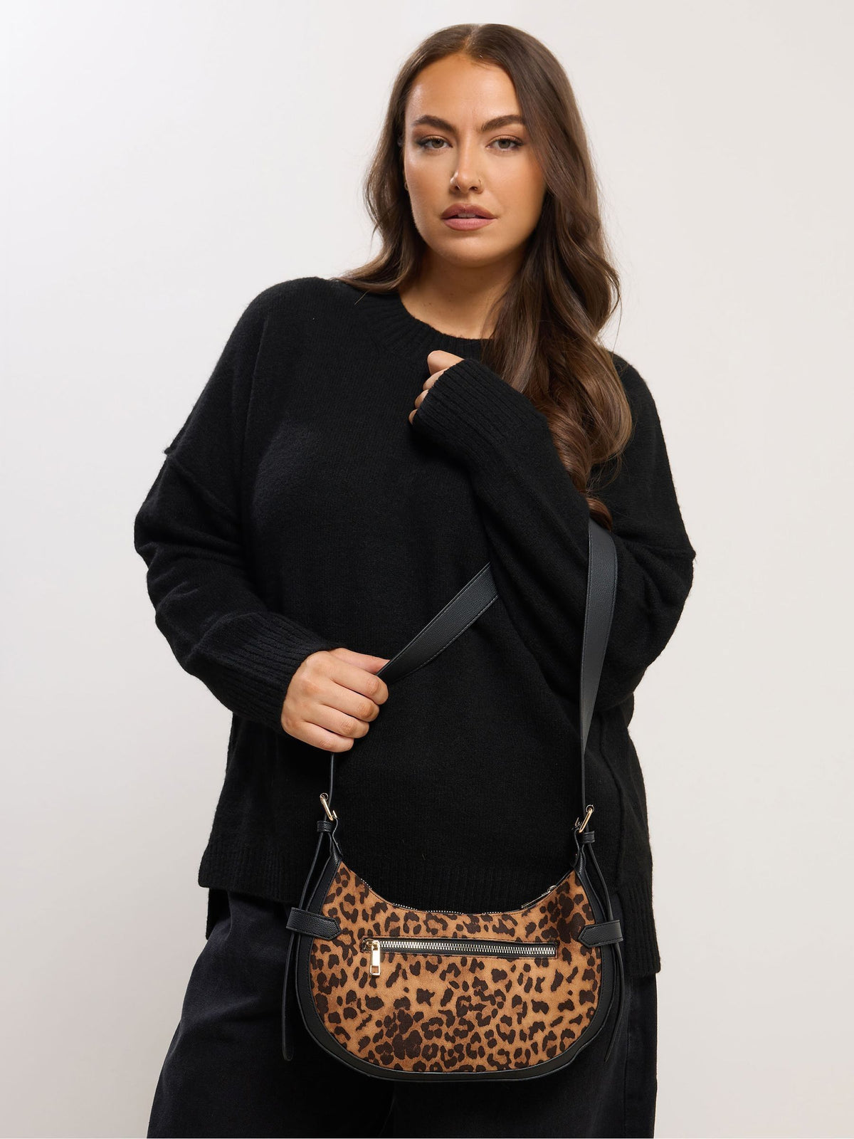 Yours Curve brown faux suede leopard buckle shoulder bag (British brand)