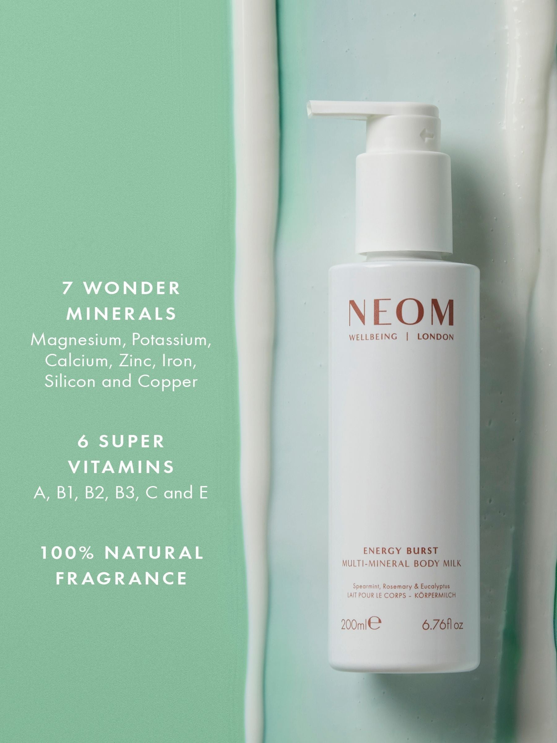 NEOM Energy Burst Multi-Mineral Body Milk 200ml, imported from the UK