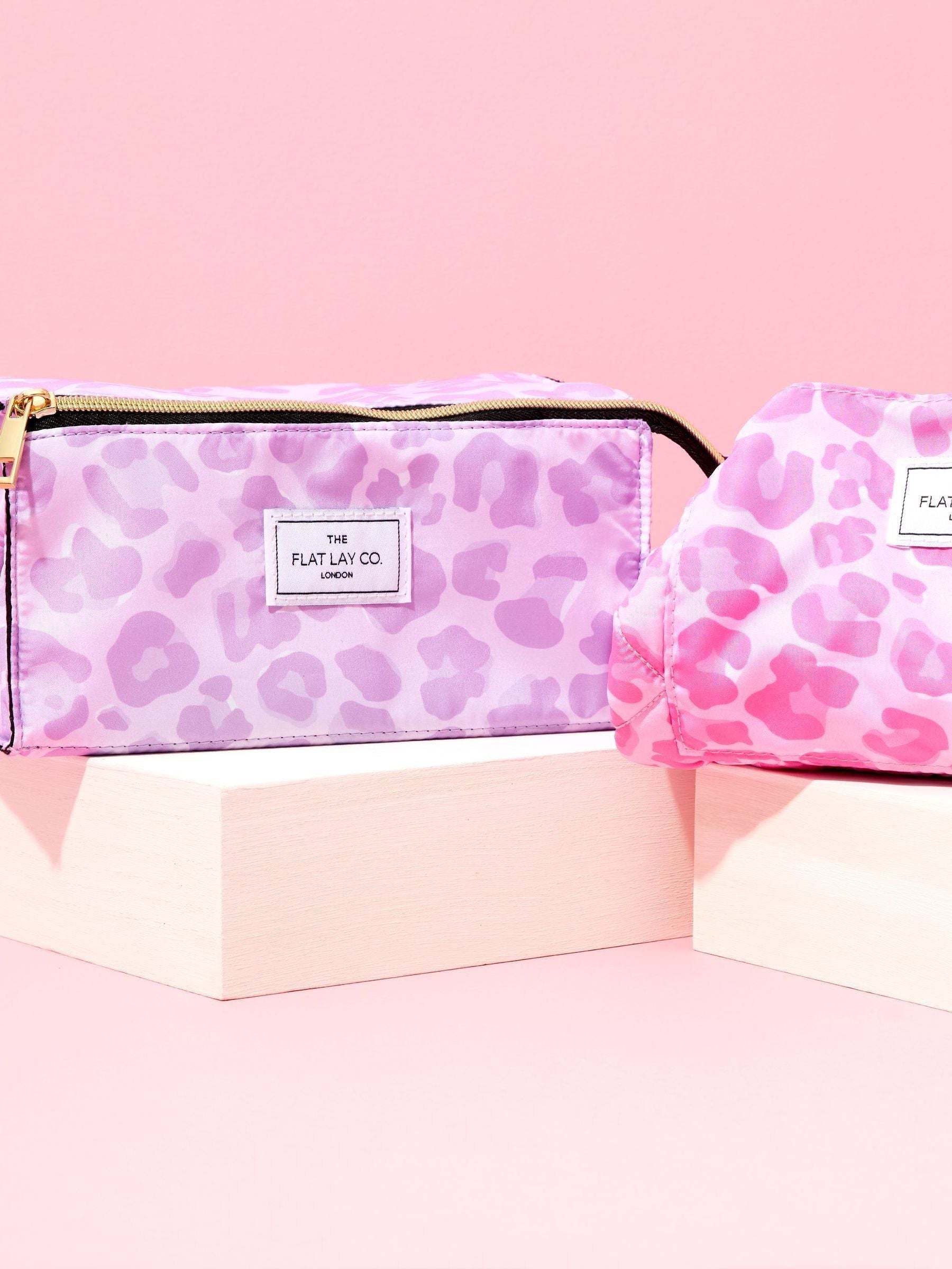 The Flat Lay Co. Open Flat Makeup Box Bag Baby Pink Leopard 22x11x11cm