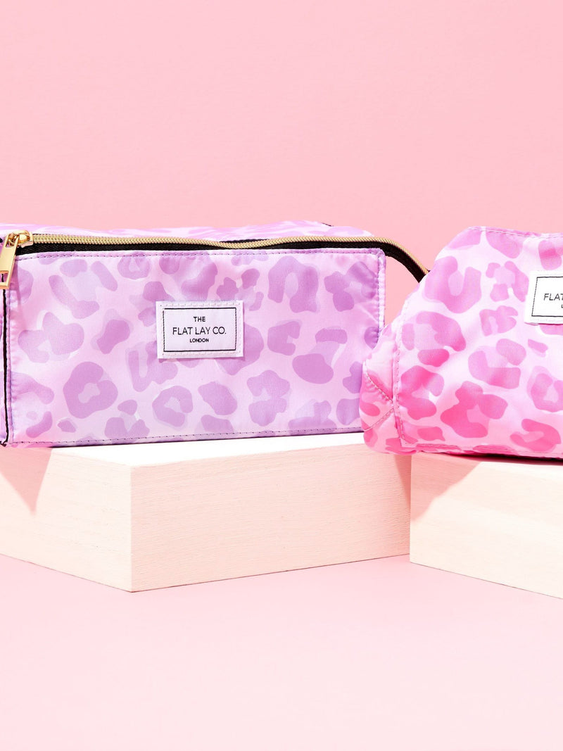 The Flat Lay Co. Open Flat Makeup Box Bag Baby Pink Leopard 22x11x11cm