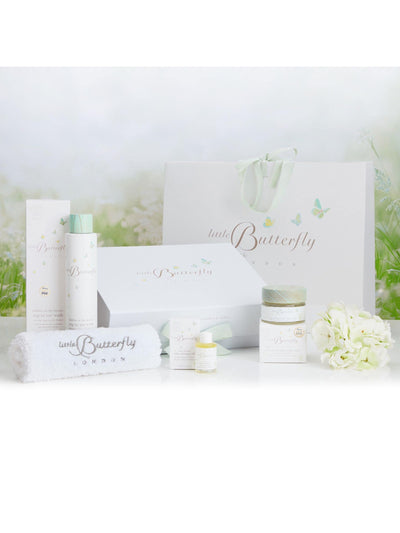 Little Butterfly London Baby Hautpflege-Geschenkset mit Waschgel von Kopf bis Fuß, Windelcreme und Massageöl