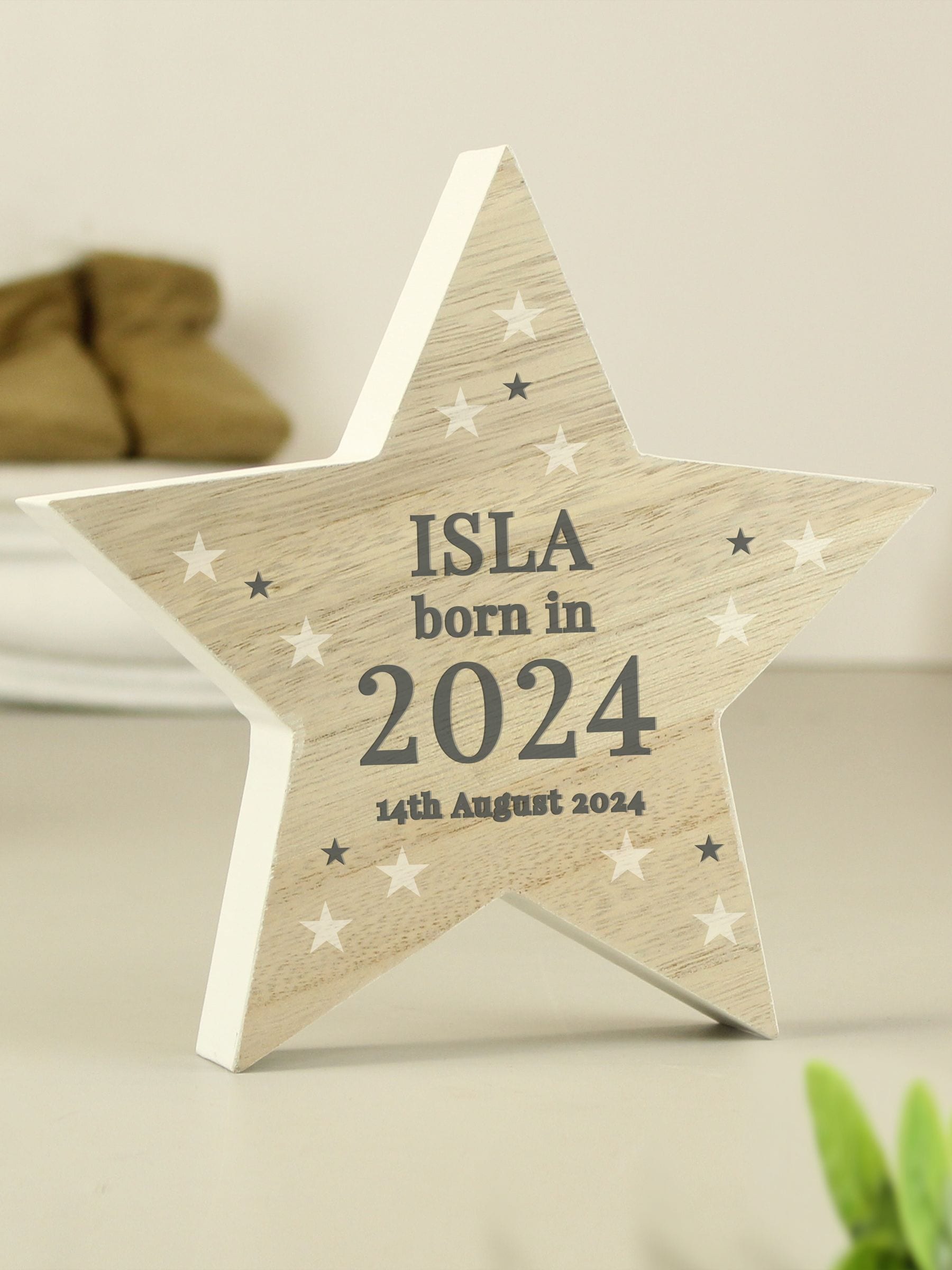 PMC personalised star ornament in natural wood (British brand)