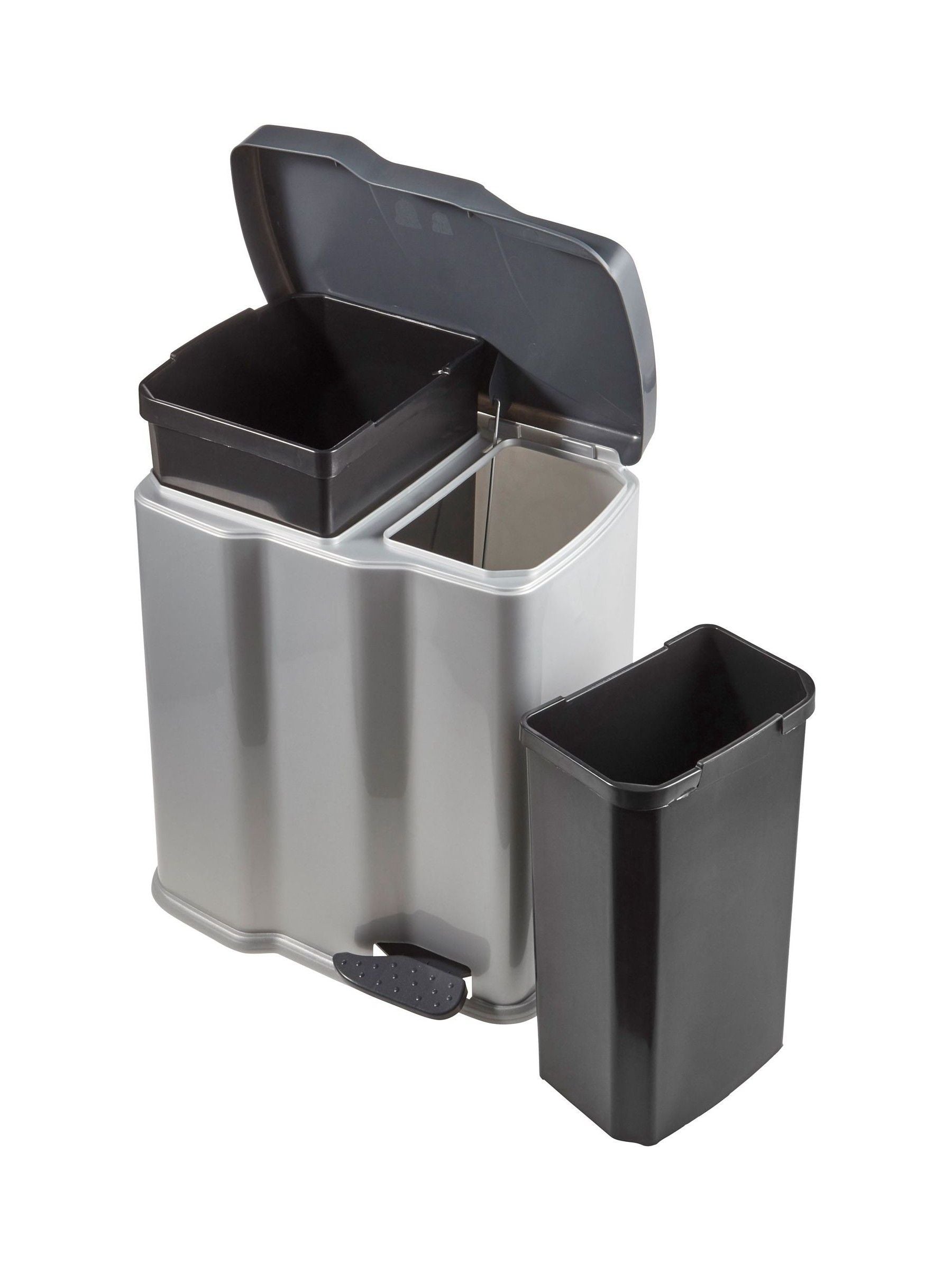 Keeper Gunner silver and black dual compartment pedal dustbin (British brand)