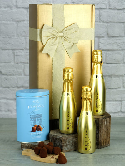 Le Bon Vin Bottega Gold Prosecco & Truffles Gift Box with 3x200ml Prosecco and 200g Chocolate Truffles