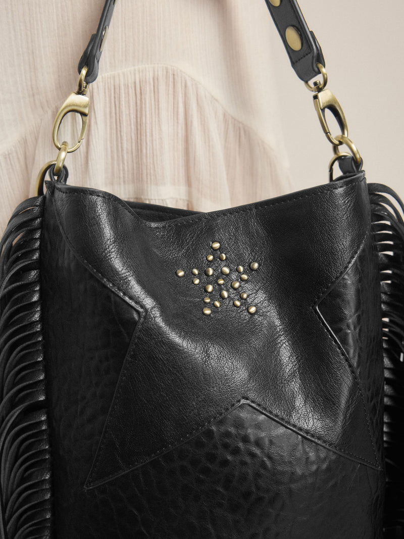 Rockett St George black studded star cross-body bucket bag (British brand)