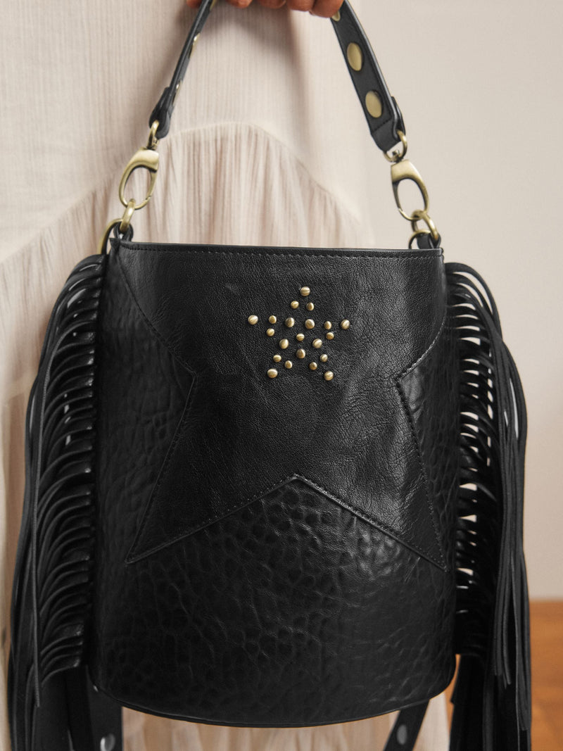 Rockett St George black studded star cross-body bucket bag (British brand)