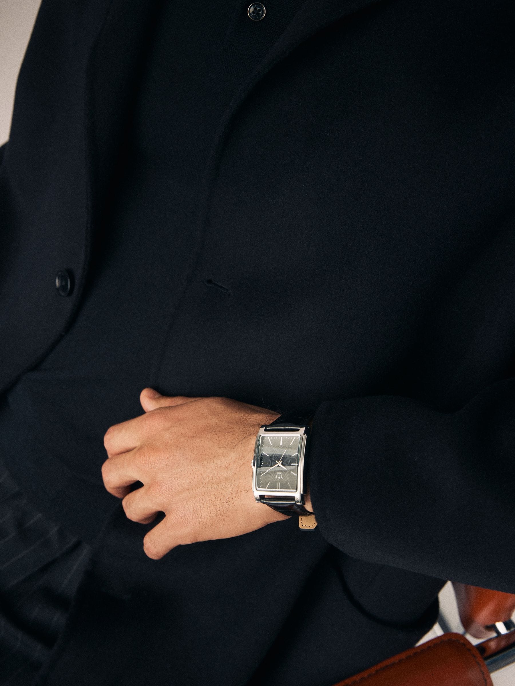 Black square dial croc effect strap watch - British product