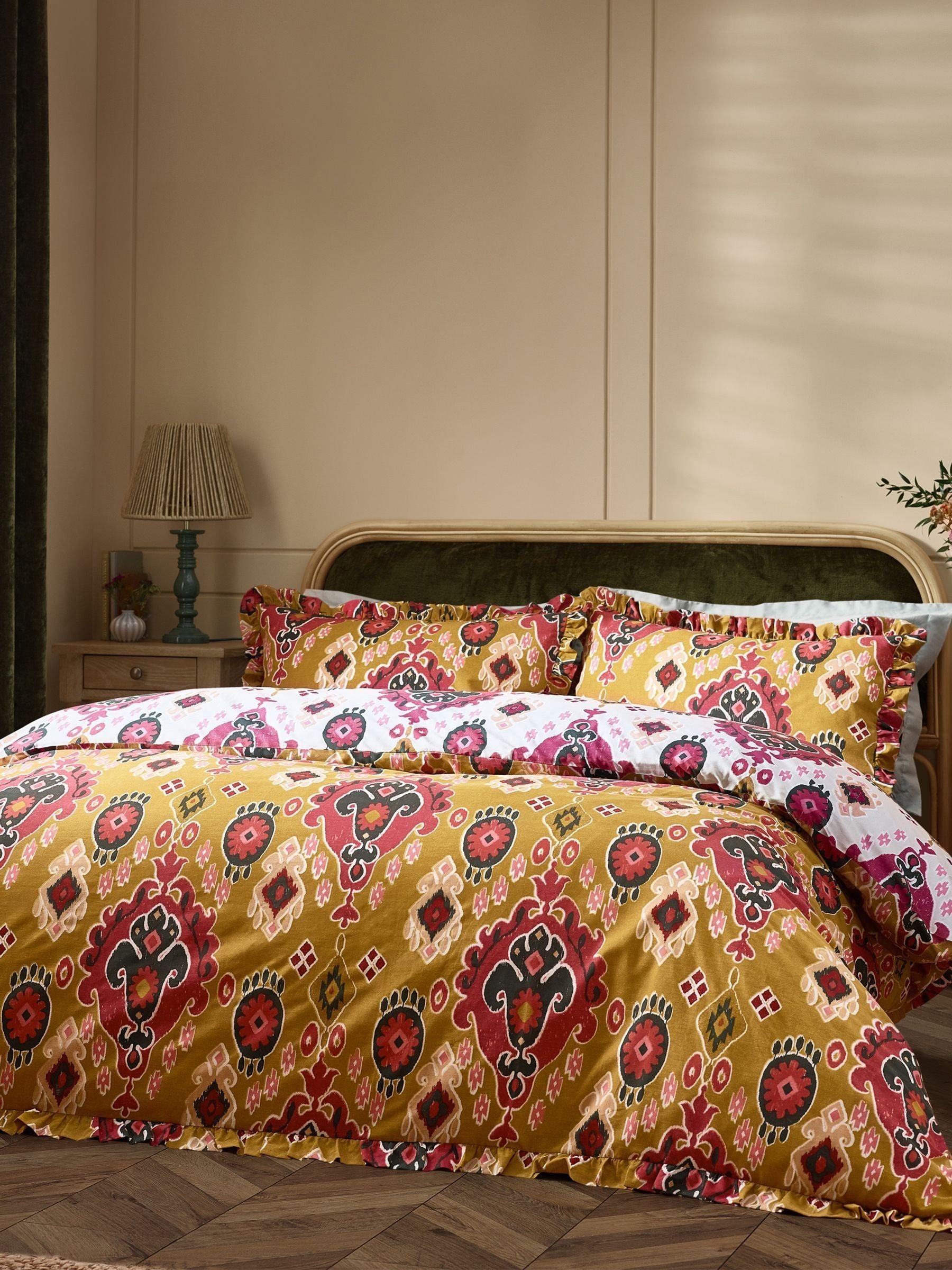 Paoletti Amber 1973 Dawson Ikat Ruffle Duvet Cover Set, imported from the UK