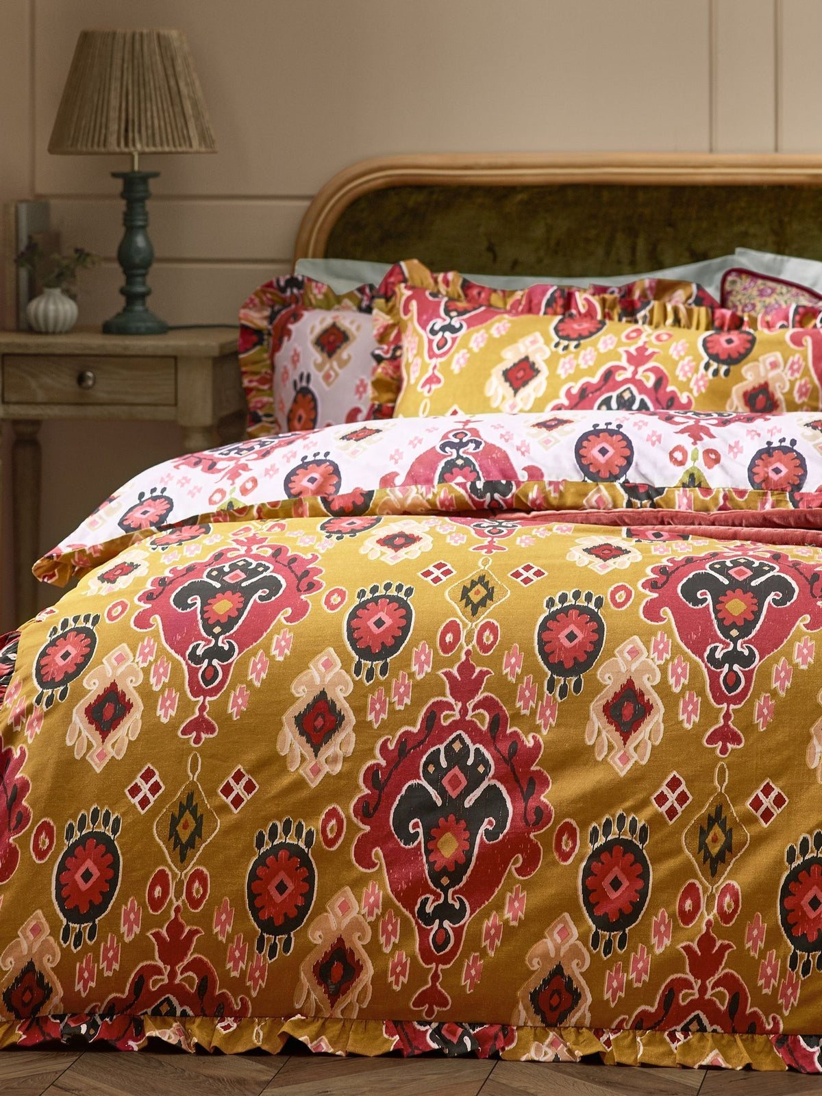 Paoletti Amber 1973 Dawson Ikat Ruffle Duvet Cover Set, imported from the UK