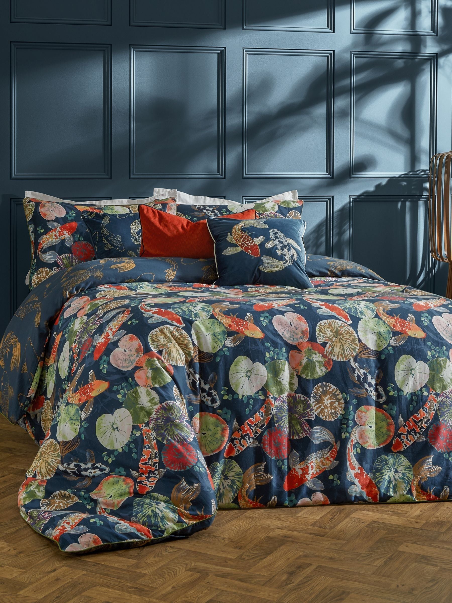 Paoletti Midnight Koi Pond cotton sateen duvet cover set, imported from the UK