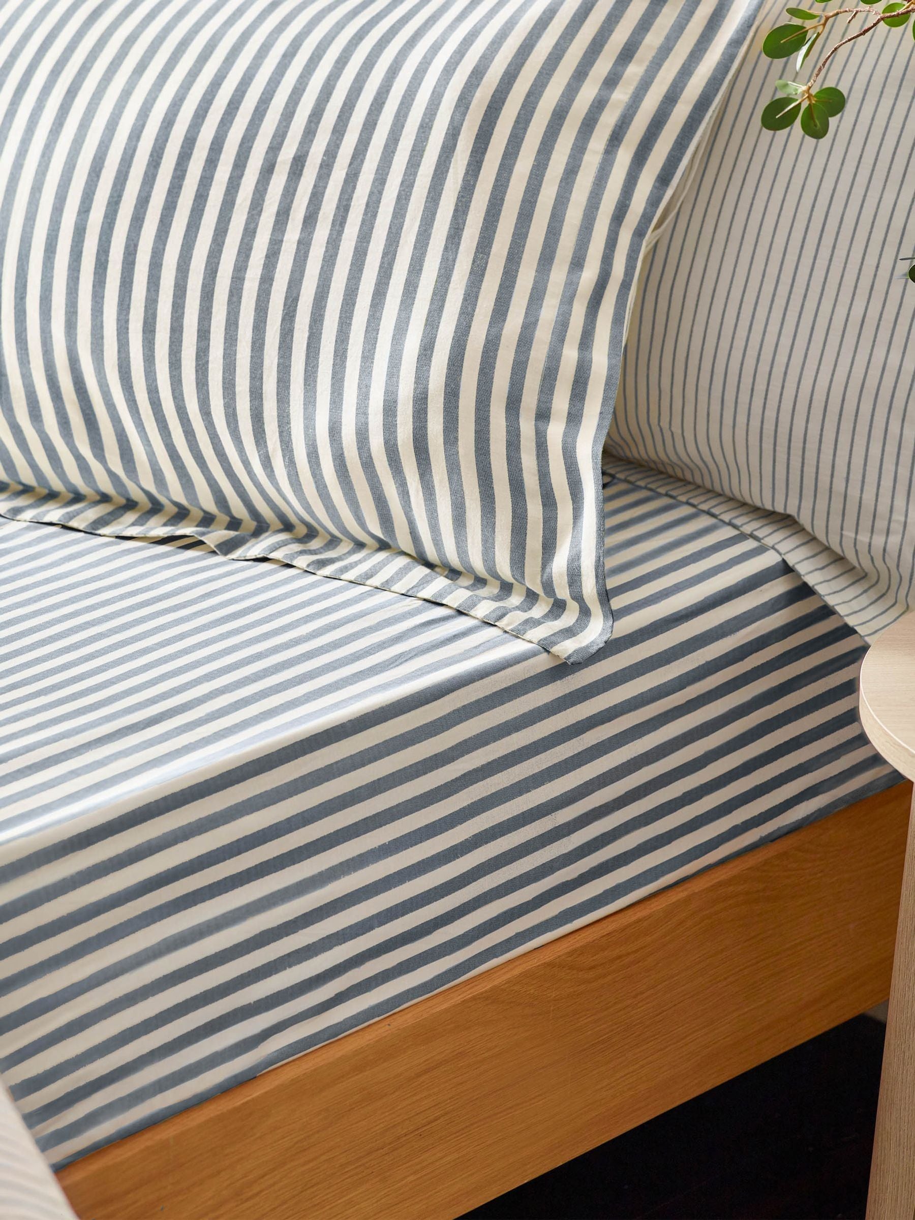 Navy Hebden striped cotton fitted sheet (British brand)