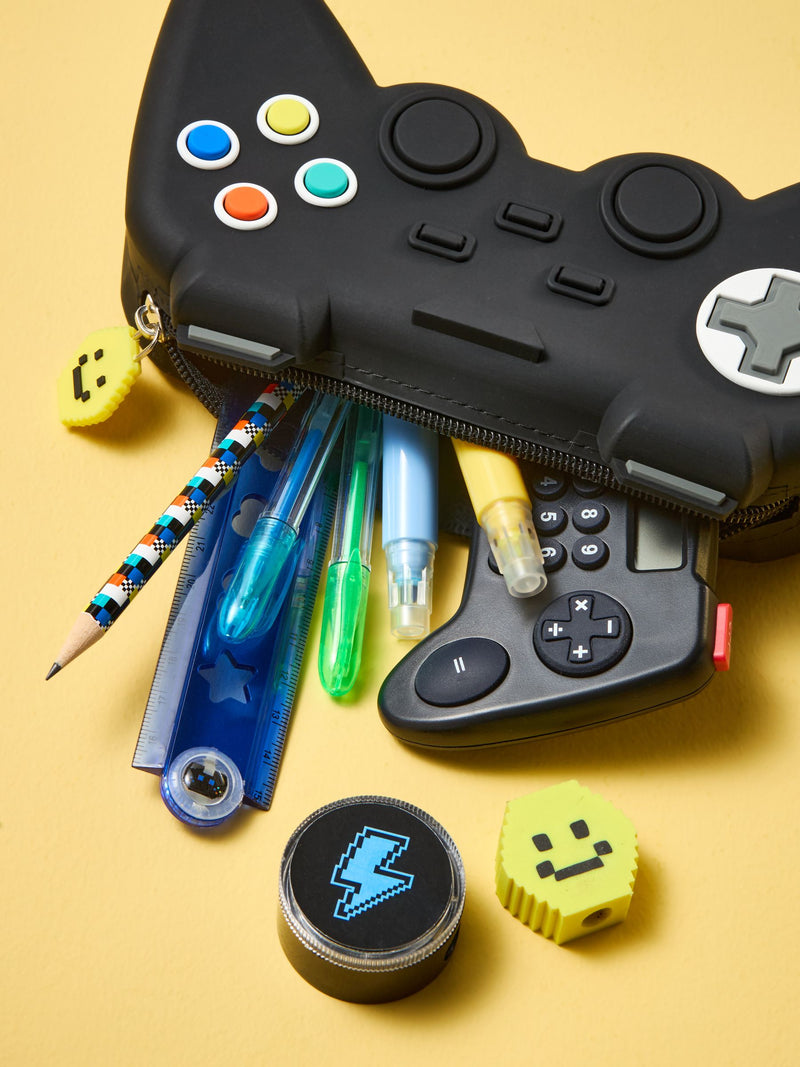 Black Pixel gaming pencil case with stationery, UK version