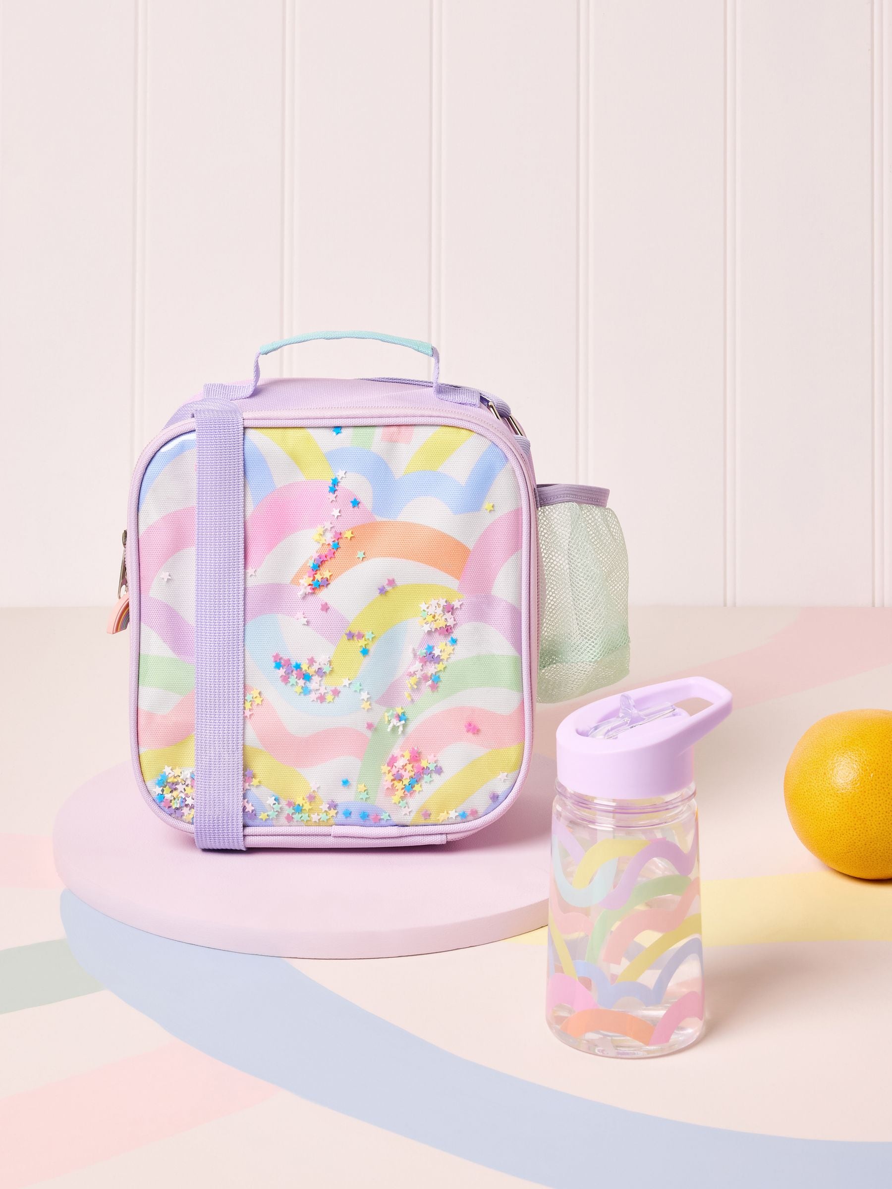 Lilac Purple Rainbow lunch bag with water bottle, UK version