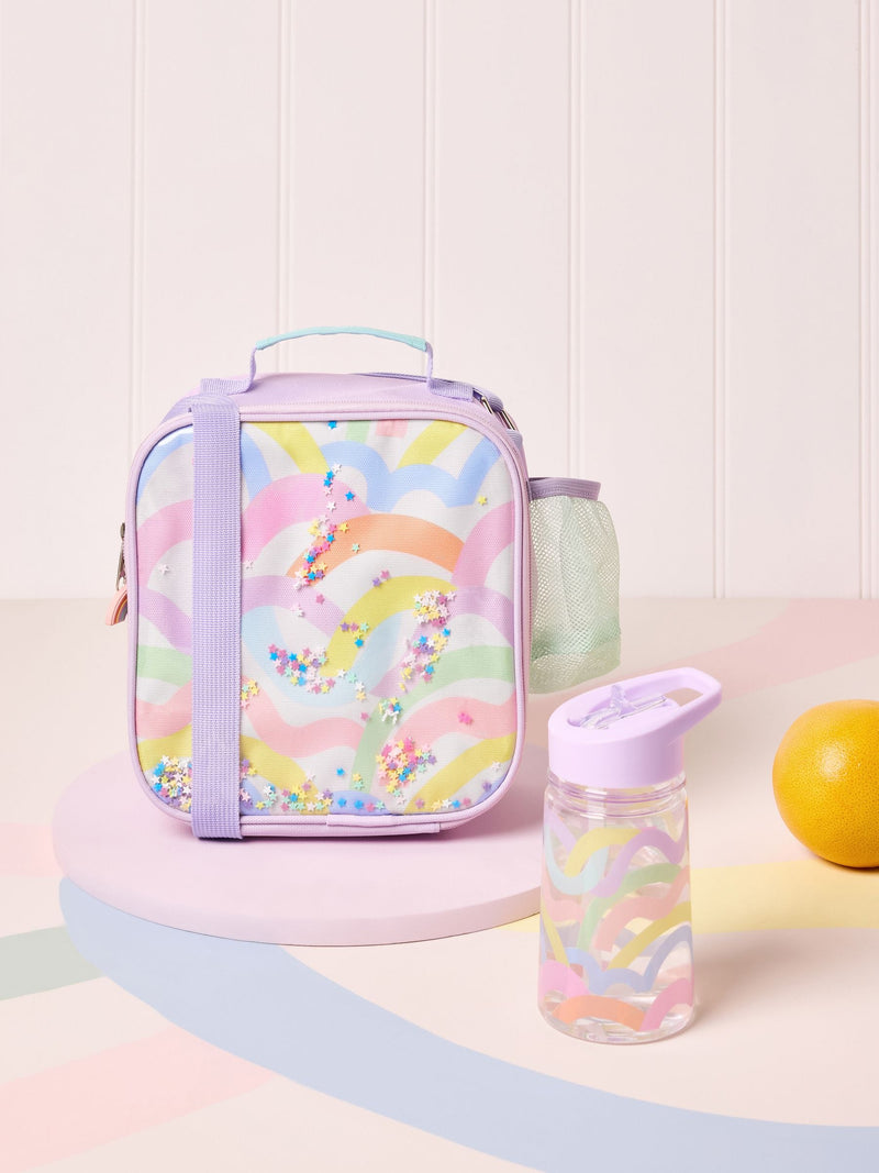Lilac Purple Rainbow lunch bag with water bottle, UK version