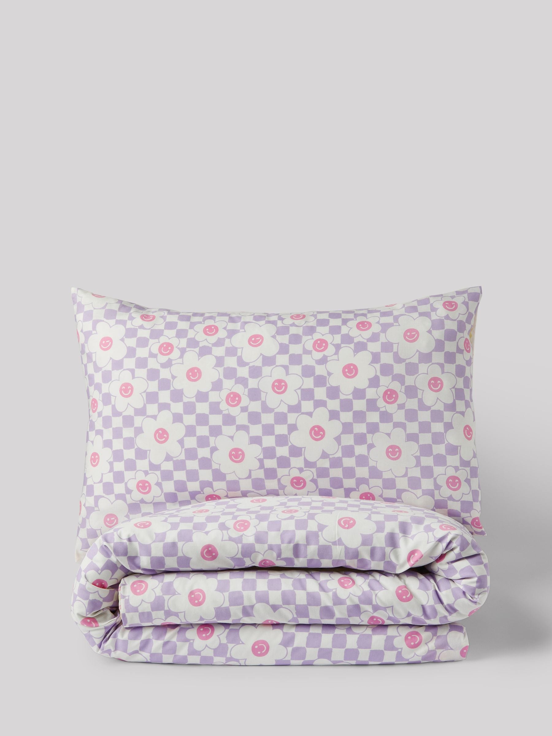 Lilac Flower Checkerboard Duvet Cover and Pillowcase Set