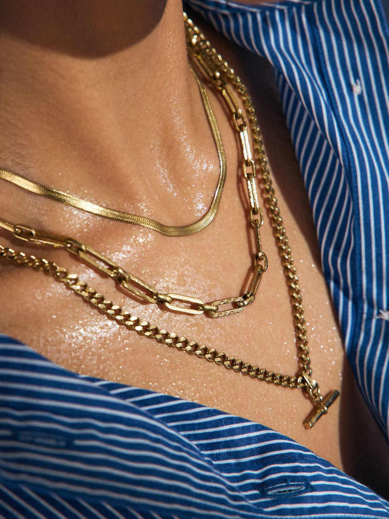 Gold tone waterproof stainless steel T-bar necklace, UK version